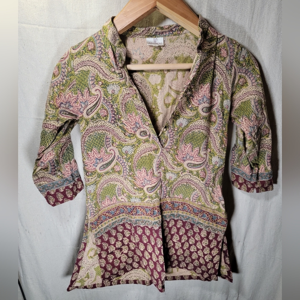 Bohemian Anokhi small paisley floral earthtone 3/4 sleeve beautiful blouse